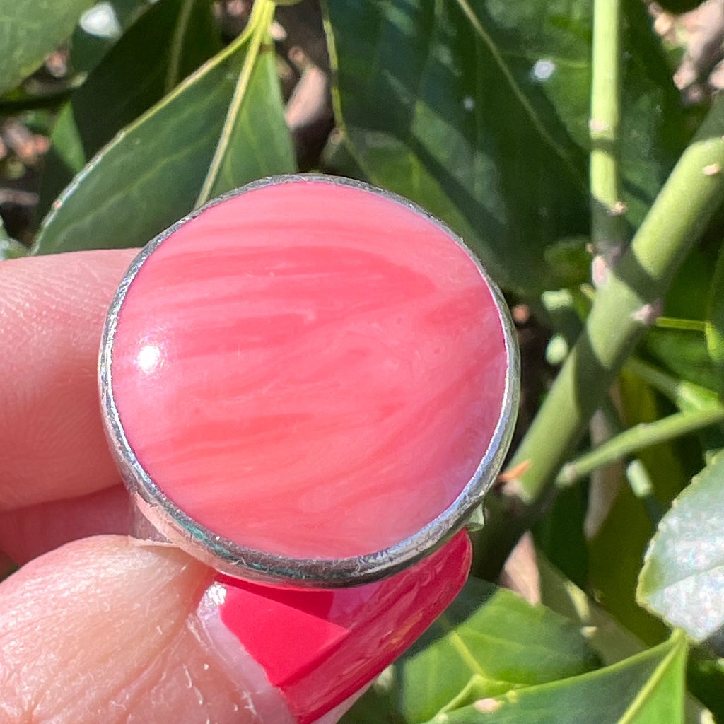 Vintage 925 Sterling Slvr Mexico Large Round Bezel Set Pink Coral Wide Band Ring